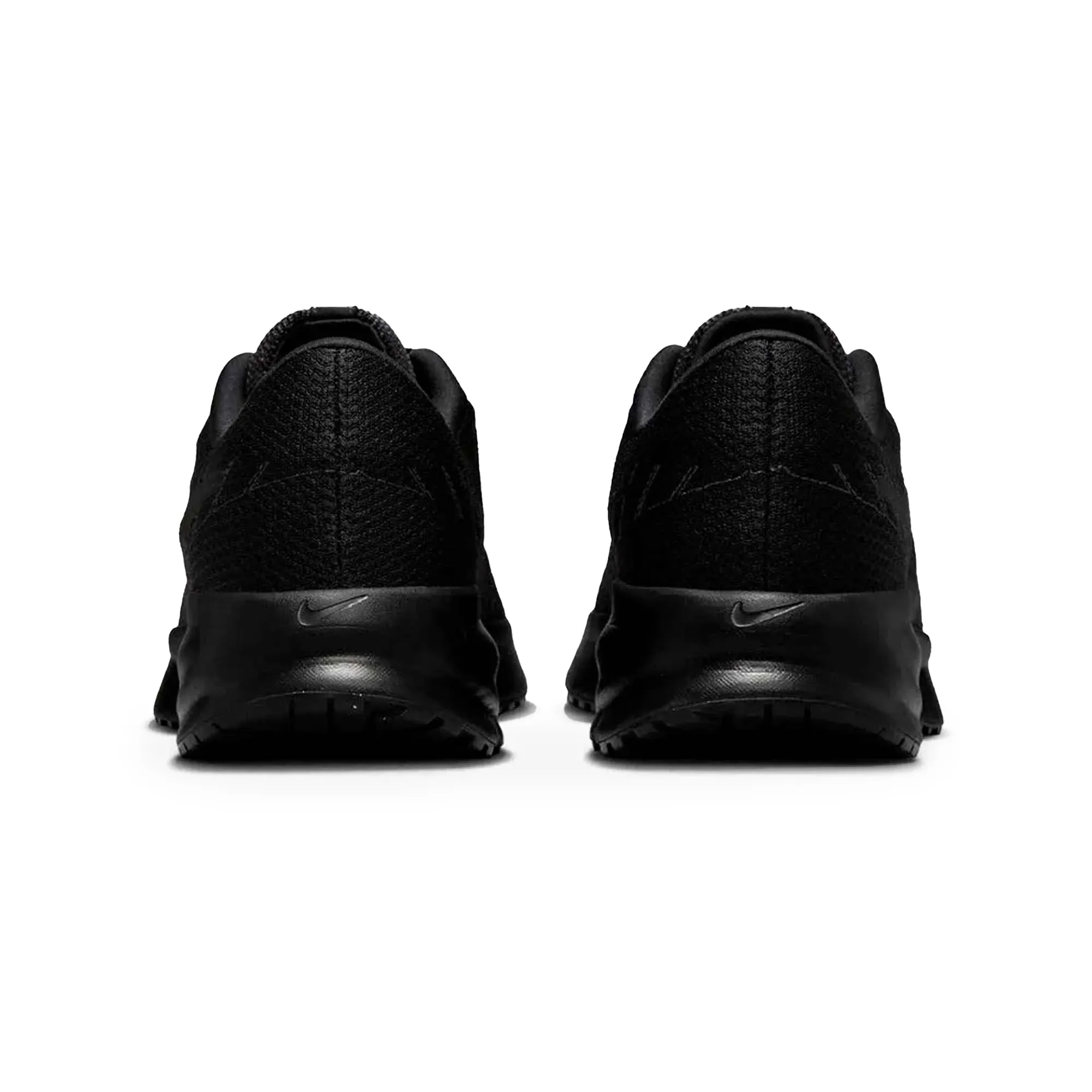 Par de tênis Nike Run Defy preto vistos por trás destacando solado e design moderno
